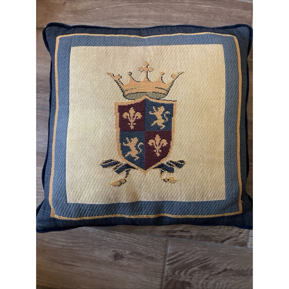 Vintage French Crown Fleur De Lys Lions  Tapestry‎ w/ Blue Velvet Back 18" x 18"